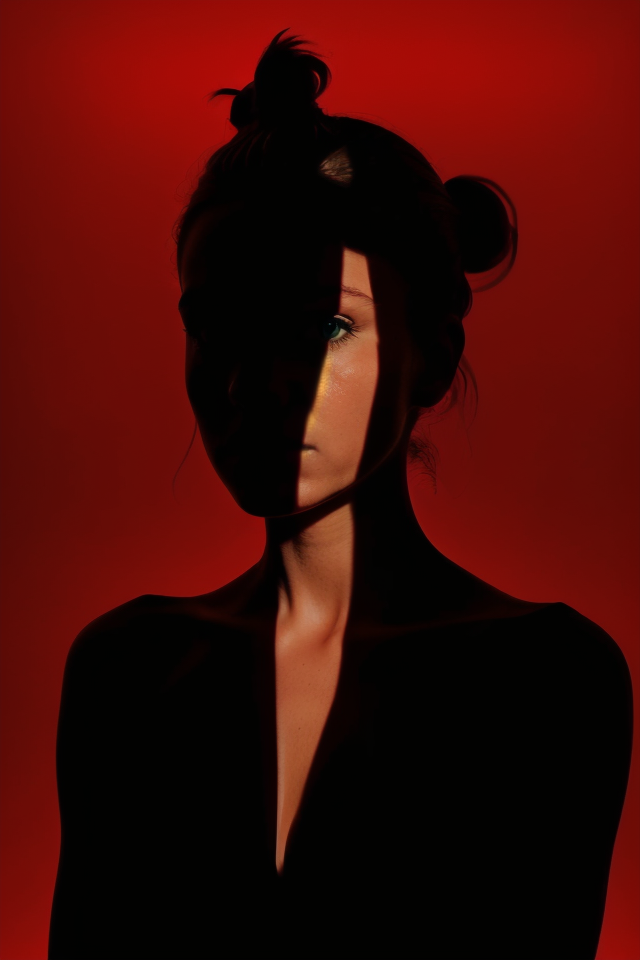 09282-1001352060-1girl, spotlight, silhouette, looking at viewer, cowboy shot, hair bun, gallus, simple background, red background, dark theme, _.png